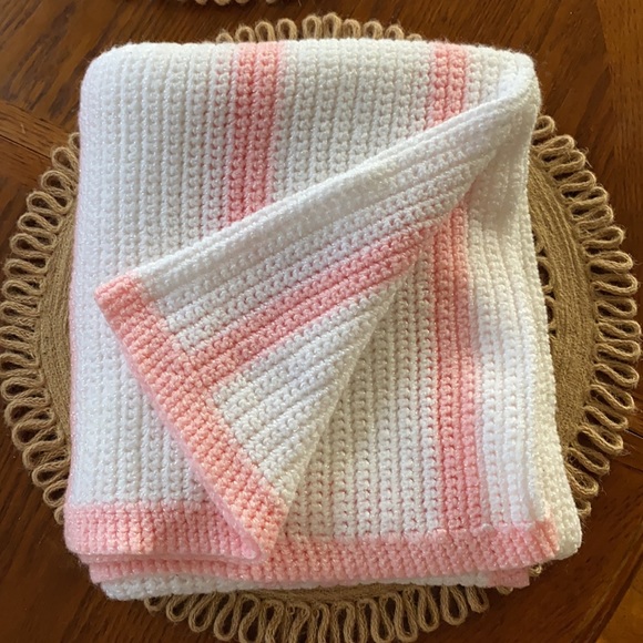 Other - Handmade Knit Baby Blanket Pink & White